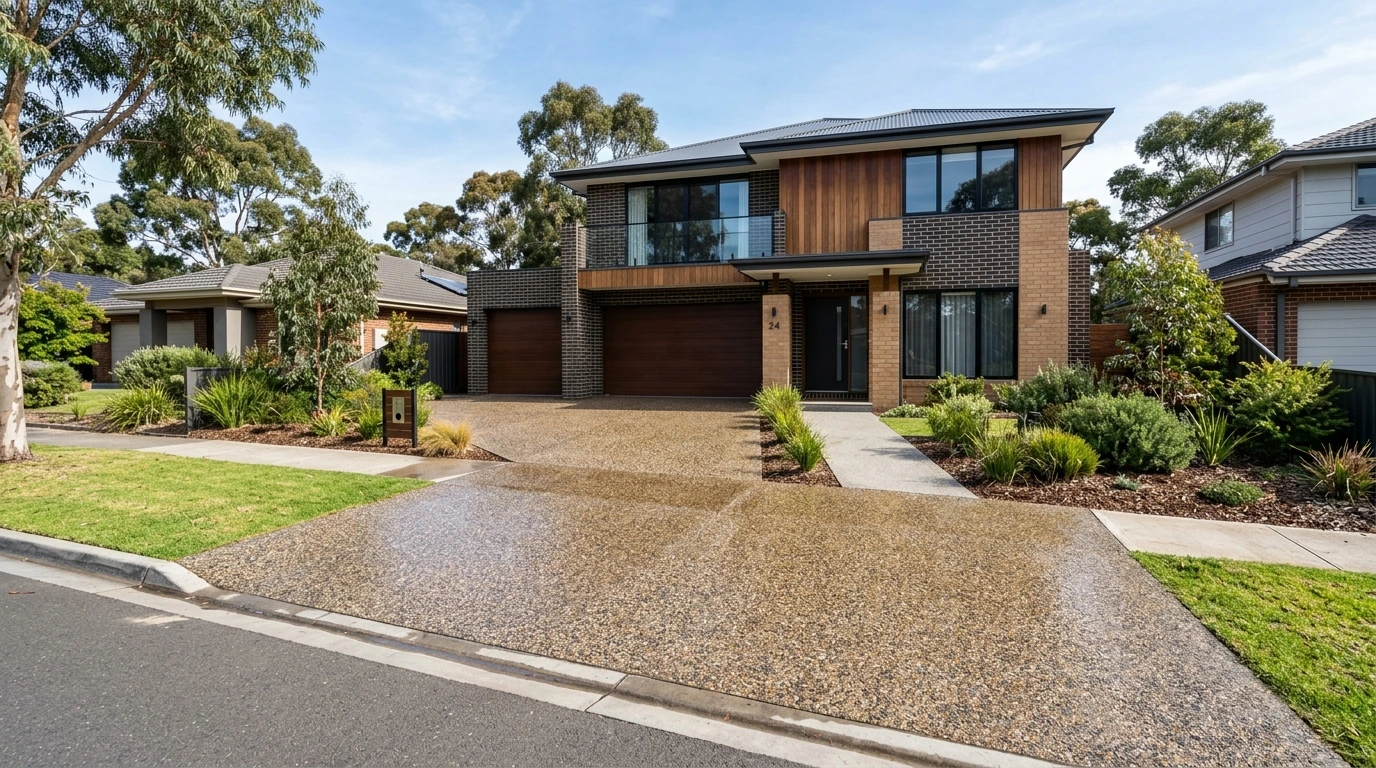 Double-width exposed aggregate driveway Western Sydney