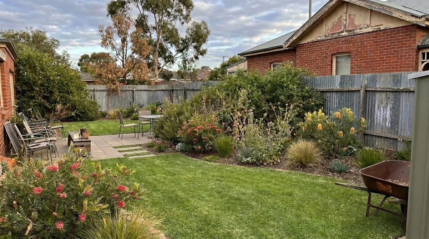 Beautiful completed landscaped garden with lush lawn and garden beds