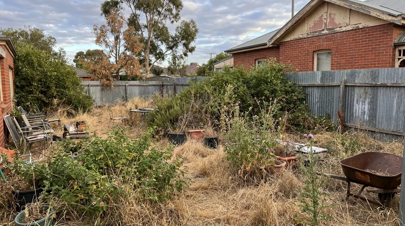 Overgrown neglected backyard before landscaping