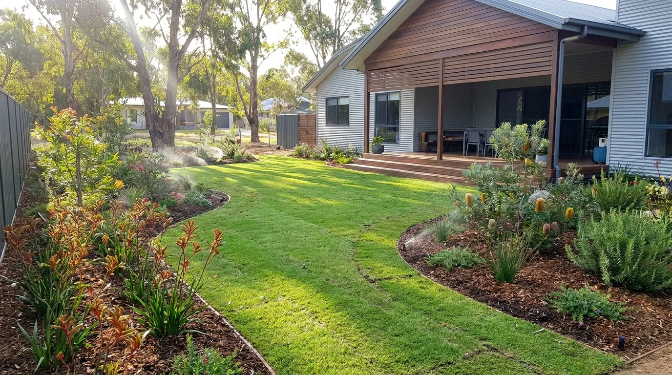 Lush green lawn and native garden beds at an Australian suburban home