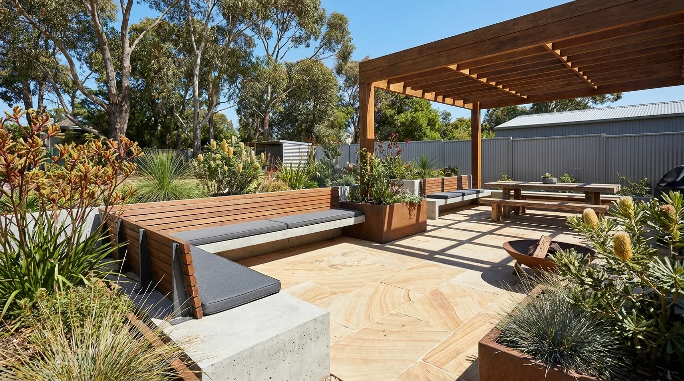 Modern outdoor entertaining area with pavers and built-in seating