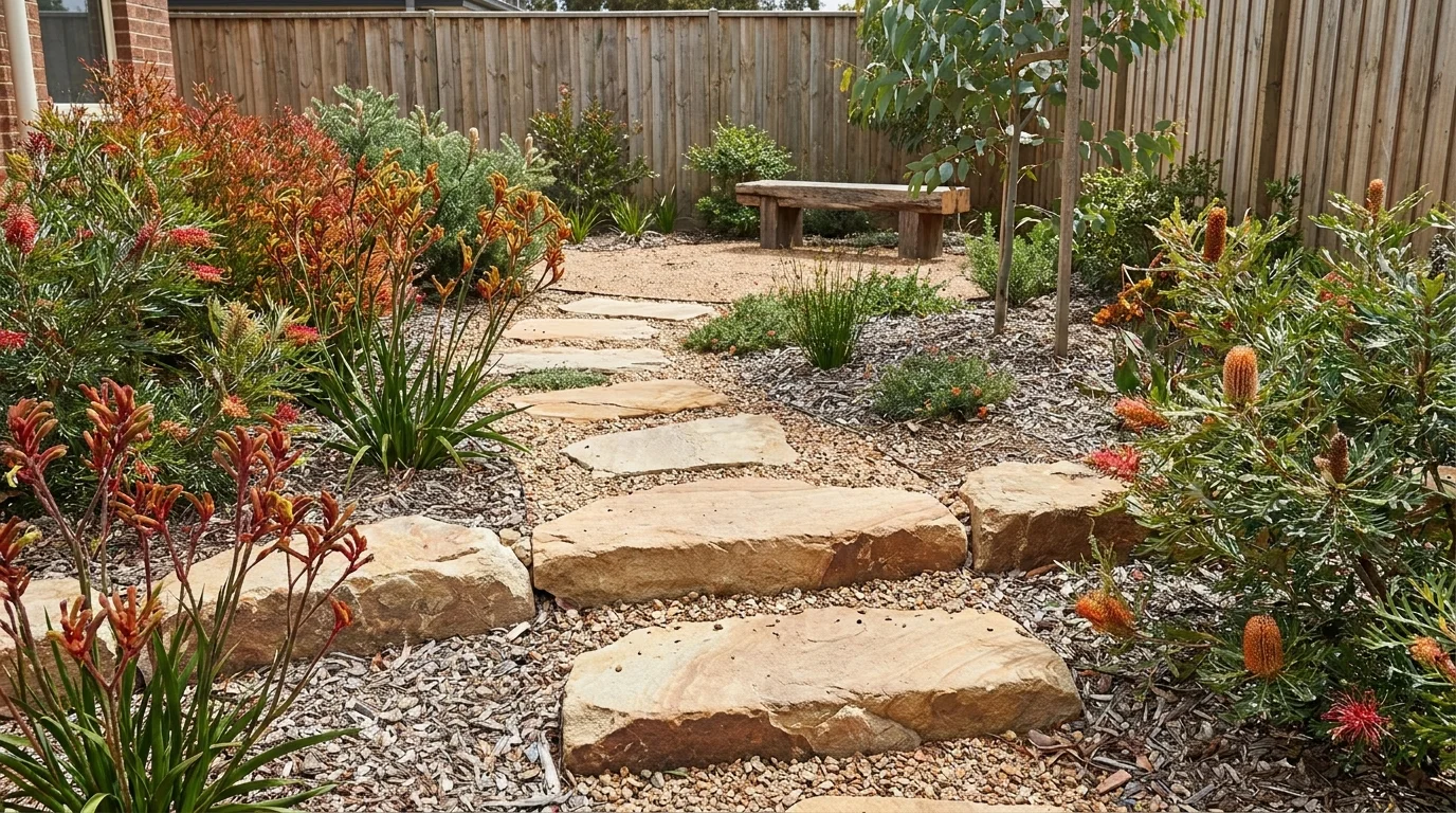 New garden path with stepping stones and native Australian plants
