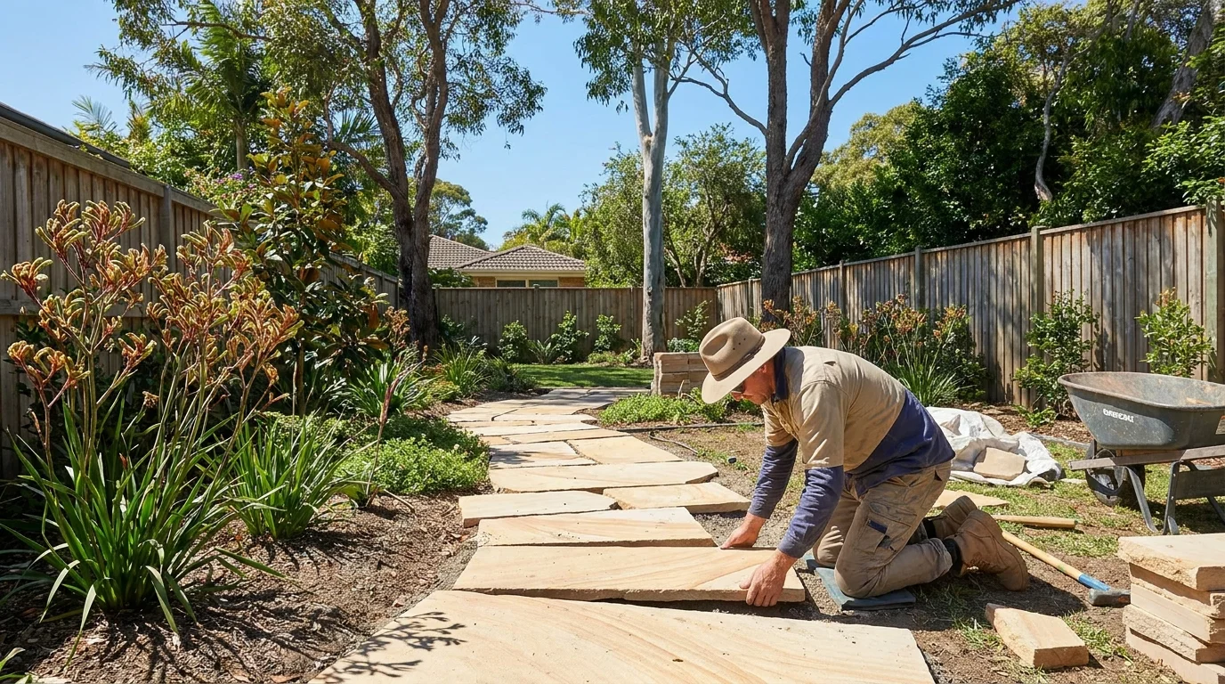 Professional landscaper installing garden pavers in an Australian backyard