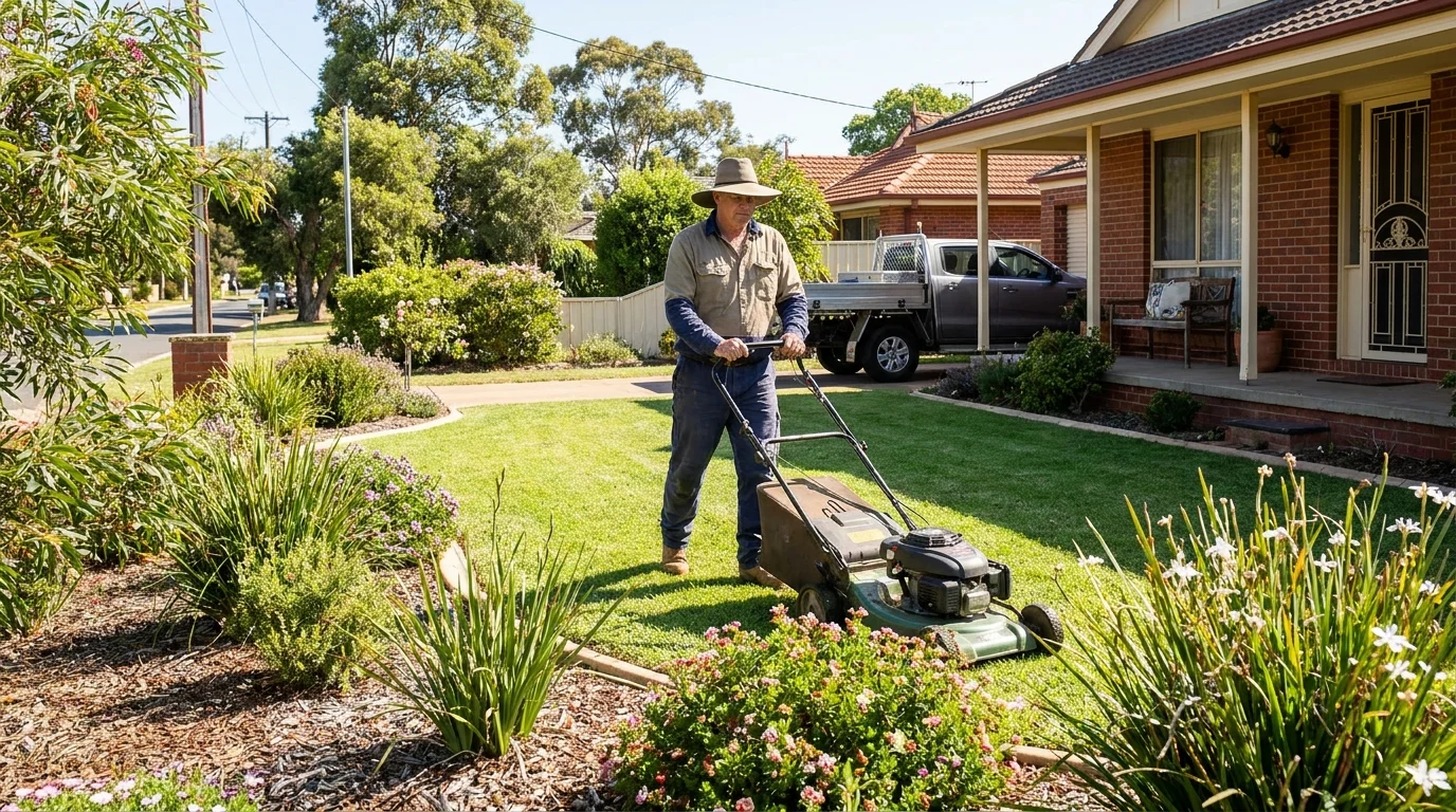 Gardener mowing a neat lawn at an Australian suburban property
