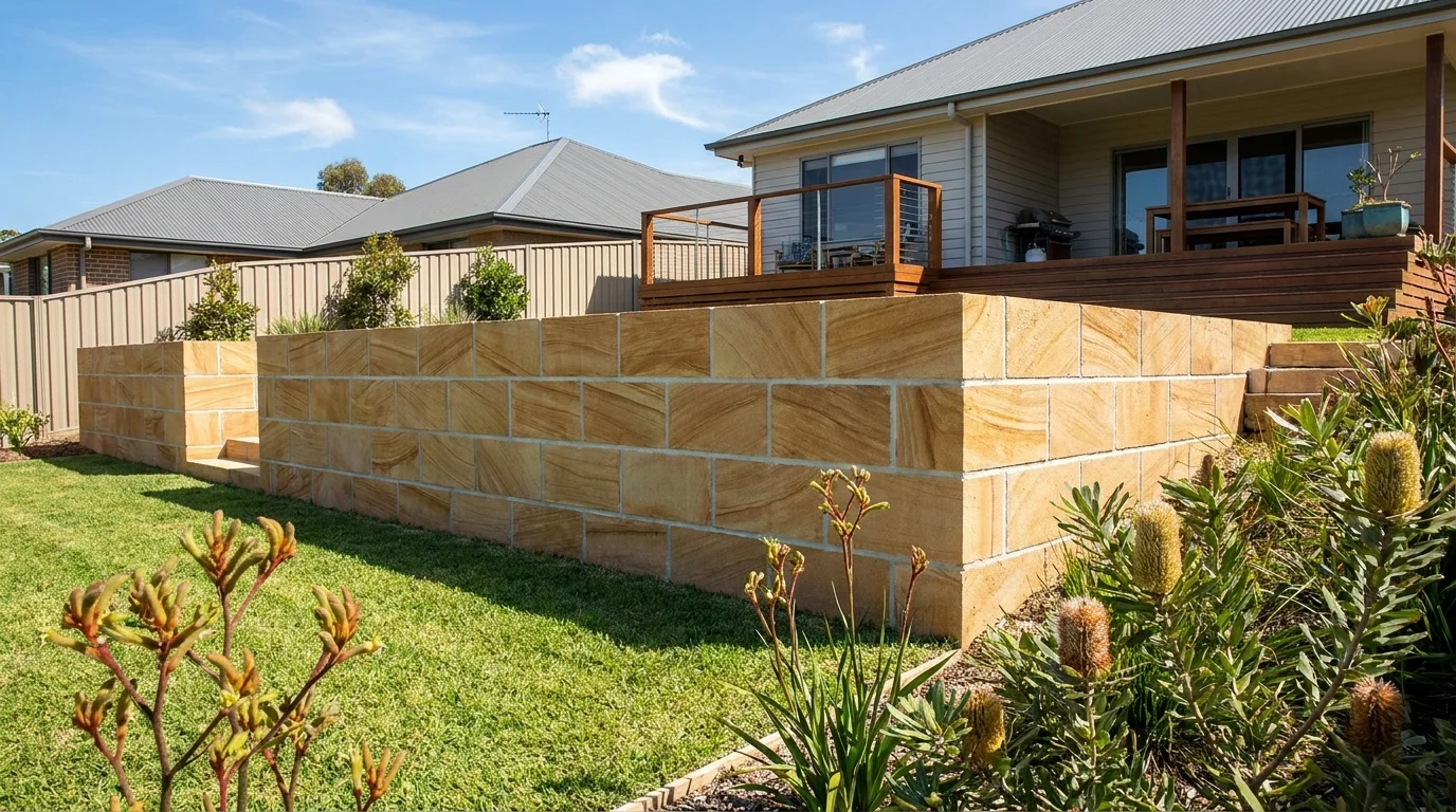 Newly built sandstone retaining wall in an Australian backyard